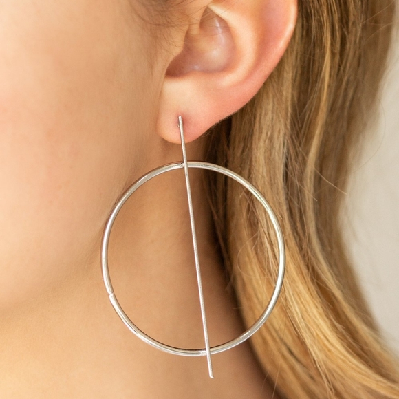 Silver Hoop & Rod Abstract Earrings - Picture 1 of 4